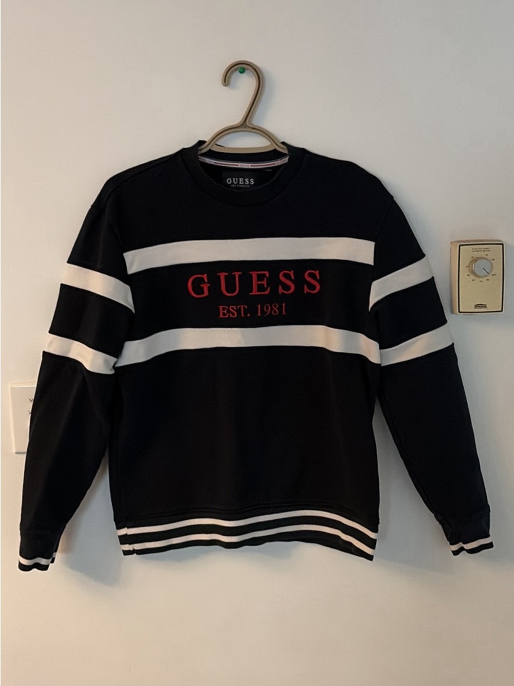 Guess Black Crewneck Sweater with White Stripes and Red Logo